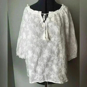 Ruby Rd White 3/4 Sleeve Embellished Fabric Peasant Top Women XL